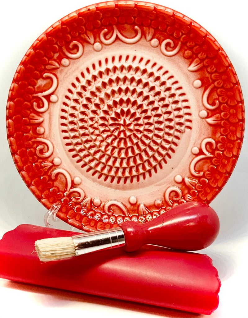BonCera, All-in-one Premium Ceramic Garlic Grater Plate 4-Piece Set - Red Embossed Design and Style - For Garlic, Ginger, Chocolate, and more! - Comes with 5.25" Plate, Peeler, Brush, and Stand - Image 1